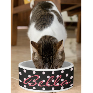 Cute Black Pink Polka Dots Cat Kat Pet Name Food Voerbakje