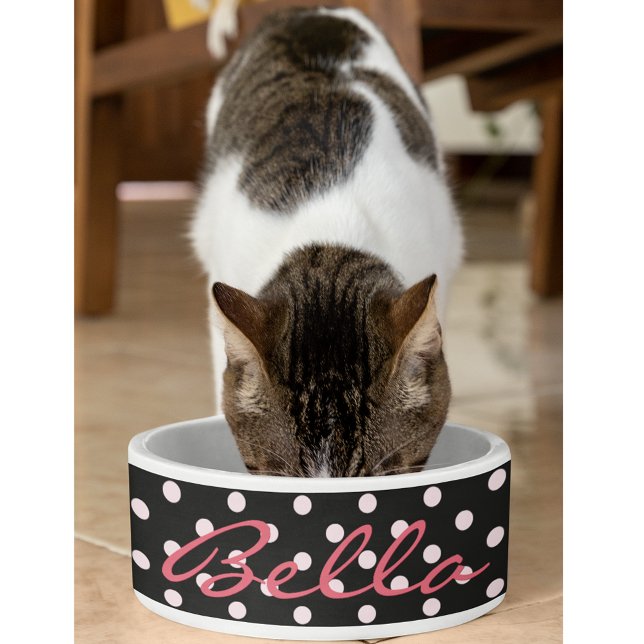 Cute Black Pink Polka Dots Cat Kat Pet Name Food Voerbakje (Cute Black Pink Polka Dots Cat Kitty Pet Name Food Bowl)