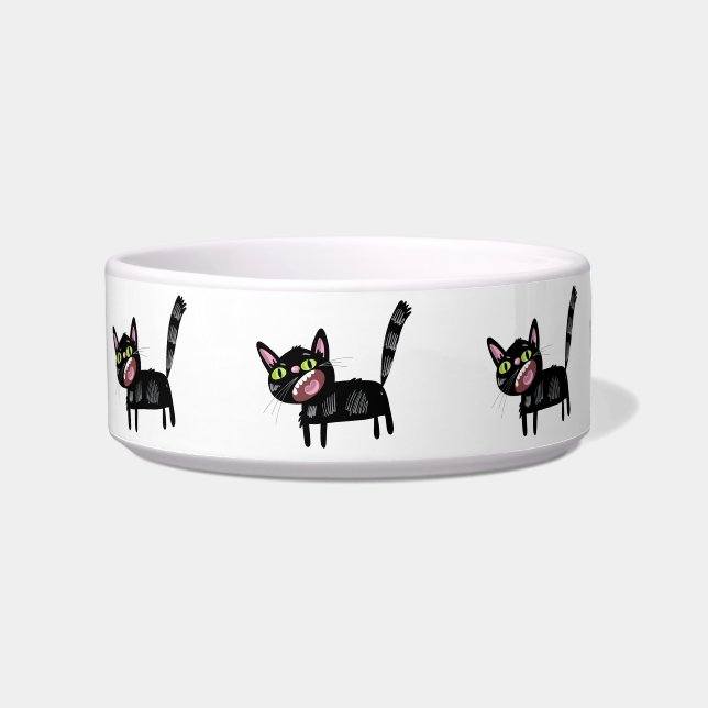Cute Black Scruffy Cartoon Kitten Cat Voerbakje (Voorkant)