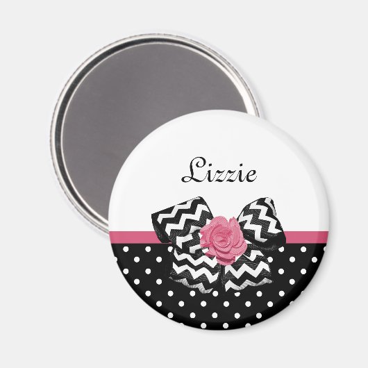 Cute Black Stippen Roze roze roodroos Chevron Bow  Magneet (Voorkant / Achterkant)