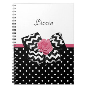 Cute Black Stippen Roze roze roodroos Chevron Bow Notitieboek