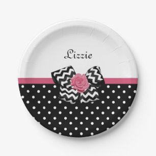 Cute Black Stippen Roze roze roodroos Chevron Bow Papieren Bordje