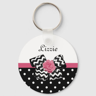 Cute Black Stippen Roze roze roodroos Chevron Bow  Sleutelhanger
