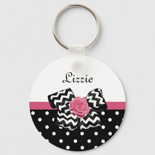 Cute Black Stippen Roze roze roodroos Chevron Bow Sleutelhanger (Voorkant)