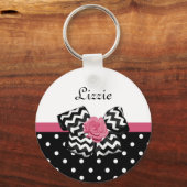 Cute Black Stippen Roze roze roodroos Chevron Bow Sleutelhanger (Voorkant)