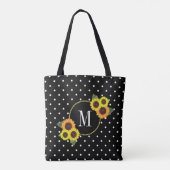 Cute Black  Sunflower Polka Dots Monogram Draagtas (Achterkant)