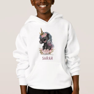 Cute Black Unicorn met Flowers Waterverf Unicorn