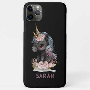 Cute Black Unicorn met Flowers Waterverf Unicorn iPhone 11 Pro Max Hoesje