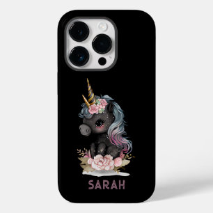 Cute Black Unicorn met Flowers Waterverf Unicorn Case-Mate iPhone 14 Pro Hoesje