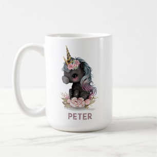 Cute Black Unicorn met Flowers Waterverf Unicorn Koffiemok