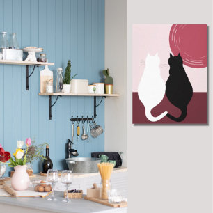 Cute Black & White Cat Pair Sunset Canvas Afdrukke Afdruk
