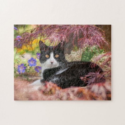Cute Black-White Cat Resting onder een Maple Tree  Legpuzzel (Horizontaal)