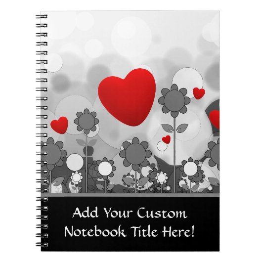 Cute Black/White/Grey Flowers met Big Red Heart Notitieboek (Voorkant)