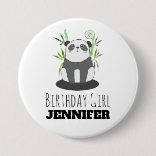 Cute Black & White Panda in Bamboo Birthday Girl Ronde Button 7,6 Cm