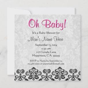 Cute Black White Pink Heart Damask Baby shower Kaart