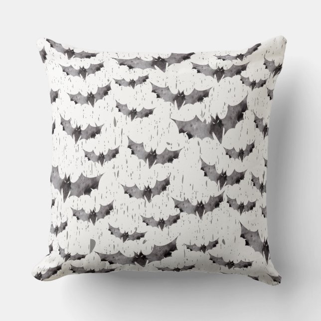 Cute Black & White Waterverf Bats Halloween Kussen (Voorkant)