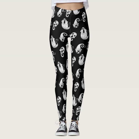 Cute Black & White Waterverf Ghosts Halloween Leggings (Voorkant)
