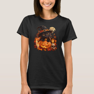 Cute Black Witch Cat on Pumpkin T-shirt