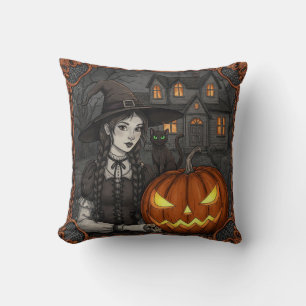 Cute Black Witch Chat Halloween Citrouille Coussin