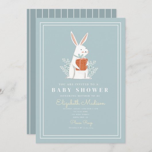 Cute Blanc Bunny Blue Baby shower Invitation (Devant / Derrière)