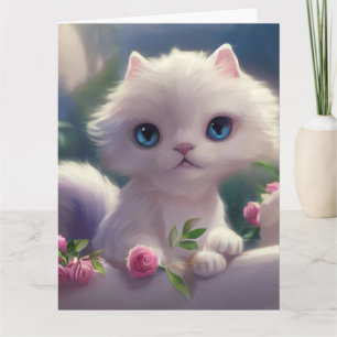 CUTE BLANC CHAT CUISINE ART GRANDE carte d'anniver