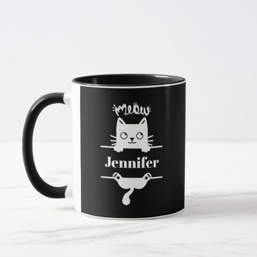 Cute blanc sur noir Personnalisé Chat Mug (Gauche)