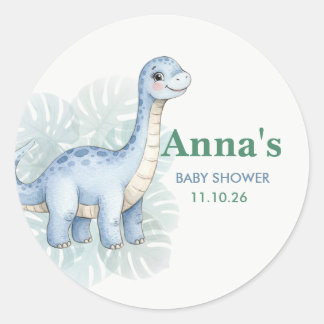 Cute Blauwe Dinosaur Brontosaurus Baby Shower Ronde Sticker
