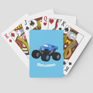 Cute blauwe monstertruck cartoonillustratie pokerkaarten