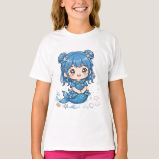 Cute Blauwe Oceën Meermin Meisje T-Shirt - Kawaii