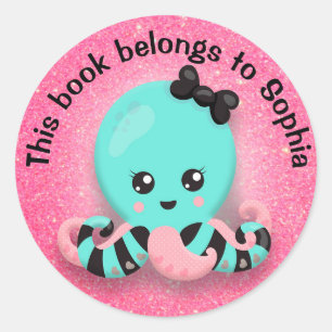 Cute Blauwe Roze Zwarte Gestreepte Octopus Glitter Ronde Sticker