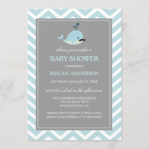 Cute Blauwe Snor Walvis Jongen Baby Shower Uitnodi Kaart
