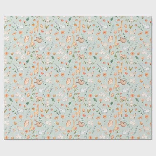 Cute Blauwgroen Baby Animal Pastel Patroon Cadeaupapier (Vlak)