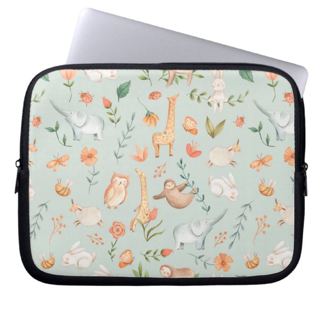 Cute Blauwgroen Baby Animal Pastel Patroon Laptop Sleeve (Voorkant)