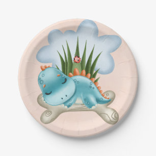 Cute Blauwgroen Burnt Oranje Dinosaur Baby shower Papieren Bordje