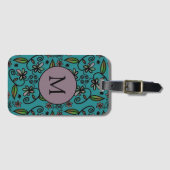 Cute Blauwgroen Floral Pattern Monogram Bagagelabel (Voorkant (horizontaal))