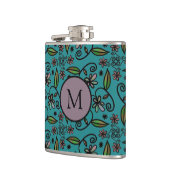 Cute Blauwgroen Floral Pattern Monogram Heupfles (Links)