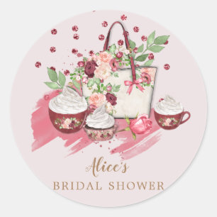 cute bloemige cupcake bruiloftsfeest roze monogram ronde sticker