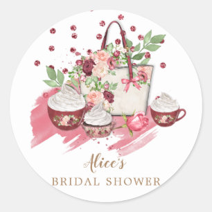 cute bloemige cupcake bruiloftsfeest roze monogram ronde sticker