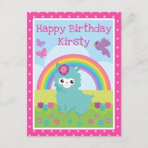 Cute Bloemrijke Lente Turquoise Lama & Regenboog V Briefkaart