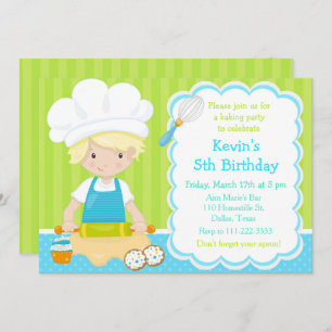 Cute Blonde Boy Baking Birthday Party Kaart