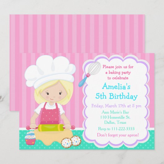 Cute Blonde Fille Baking Invitation de fête d'anni (Devant / Derrière)