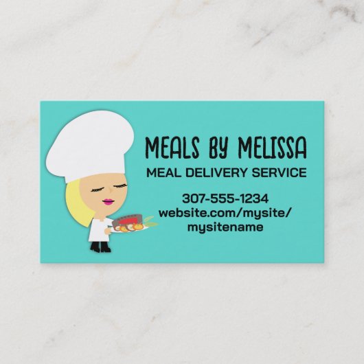 Cute blonde fille chef steak dîner biz cartes (Devant)