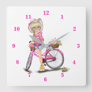 Cute Blonde Girl en Pink Bike met Kat in Flowers Vierkante Klok