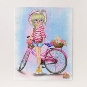 Cute Blonde Girl en Pink Bike Puzzle Legpuzzel