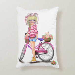 Cute Blonde Girl met roze bike en kat in bloemen Accent Kussen