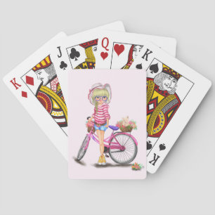 Cute Blonde Girl met roze bike en kat in bloemen Pokerkaarten