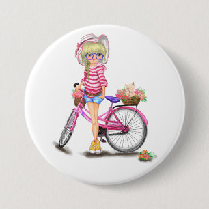 Cute Blonde Girl met roze bike en kat in bloemen Ronde Button 7,6 Cm