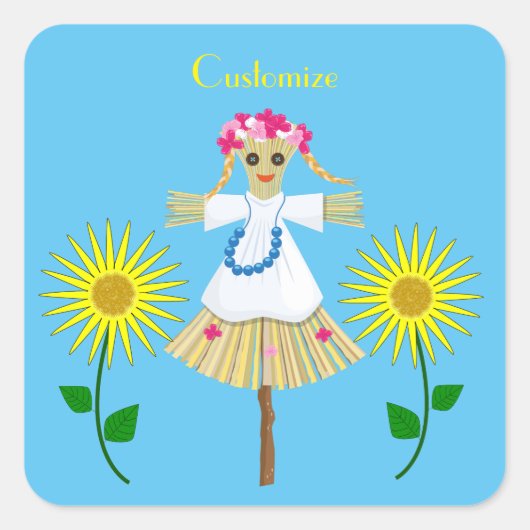Cute Blonde Pigtails Scarecrow Vierkante Sticker (Voorkant)