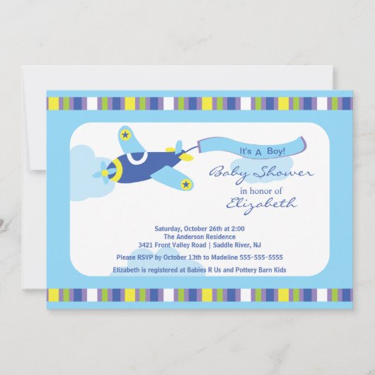 Cute Blue Airplane Boy Baby shower Invitation Kaart (Voorkant)