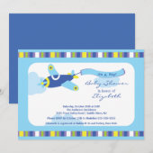 Cute Blue Airplane Boy Baby shower Invitation Kaart (Voorkant / Achterkant)